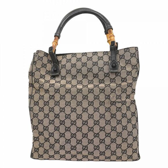 Gucci Tote Bag GG Canvas Bamboo 112530 Canvas Black Beige Silver Hardware Women - Picture 1 of 10